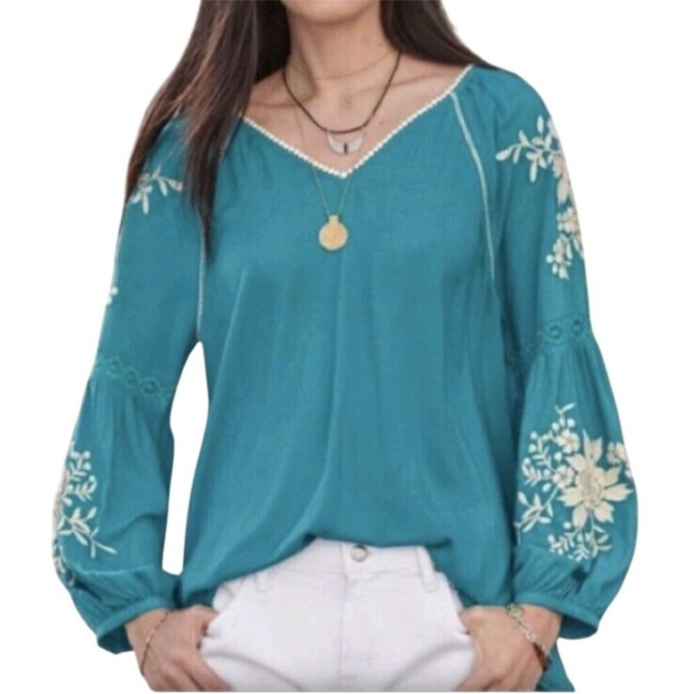 Sundance Women‎ Small Naomi Isles Teal White Floral Embroidered Lace Modal Lined